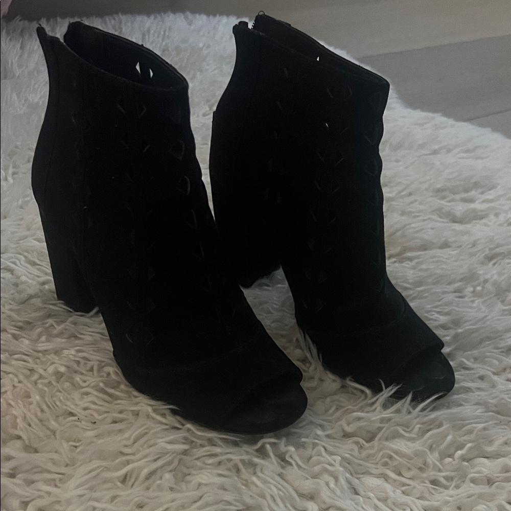 Brash Black Peep-Toe Block Heel Ankle Booties